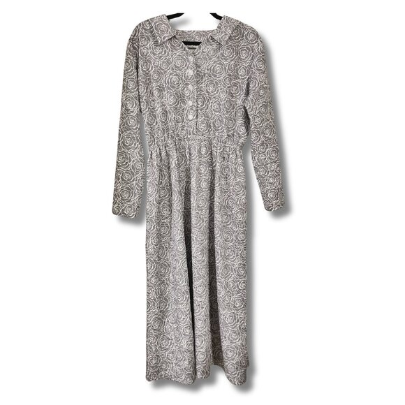 VINTAGE Grey white long sleeve rose print elastic waist dress ~ MEDIUM LARGE XL - Picture 1 of 14